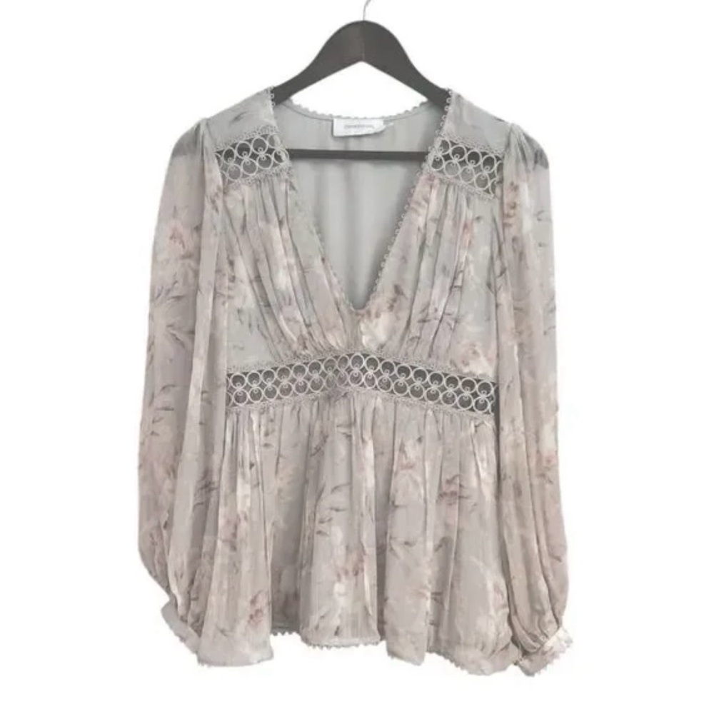 Zimmermann Iris Floral Eyelet Silk        Gray Floral Blouse